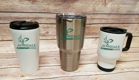Avondale Travel Mug, 20 oz Stainless White Cup, or 30 oz Stainless Steel Cup