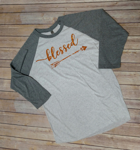 Blessed Arrow Shirt Glitter Raglan Baseball Style Tee Shirt Thanksgiving