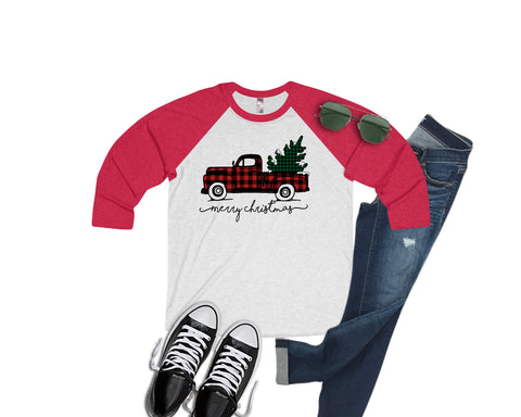Christmas Plaid Truck Raglan Baseball Style or T Shirt
