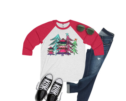 Christmas Tree Color Raglan Baseball Shirt