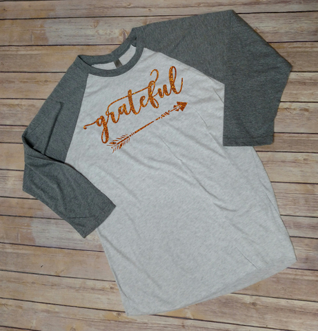 Grateful Arrow Shirt Glitter Raglan Baseball Style Tee Shirt Thanksgiving