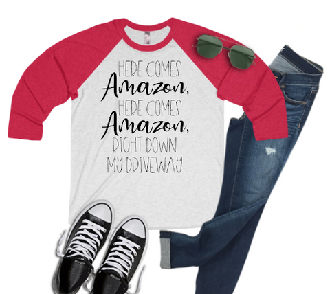 Here Comes Amazon Christmas Raglan Baseball Shirt