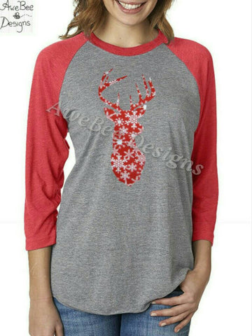 Christmas Deer Snowflake Raglan Baseball Style Tee Shirt