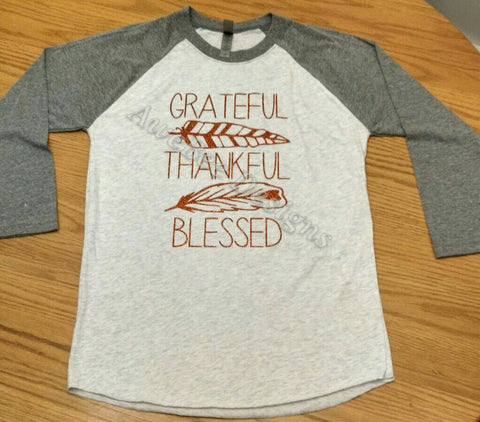 Grateful Thankful Blessed Shirt Glitter Raglan Baseball Style Tee Thanksgiving