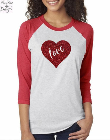 Happy Valentine's Day Love Red Glitter Raglan Baseball Style T Shirt