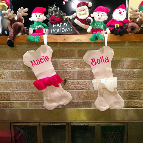 Personalized Christmas Bone Burlap Stocking for Dogs with Red or Cream Bow